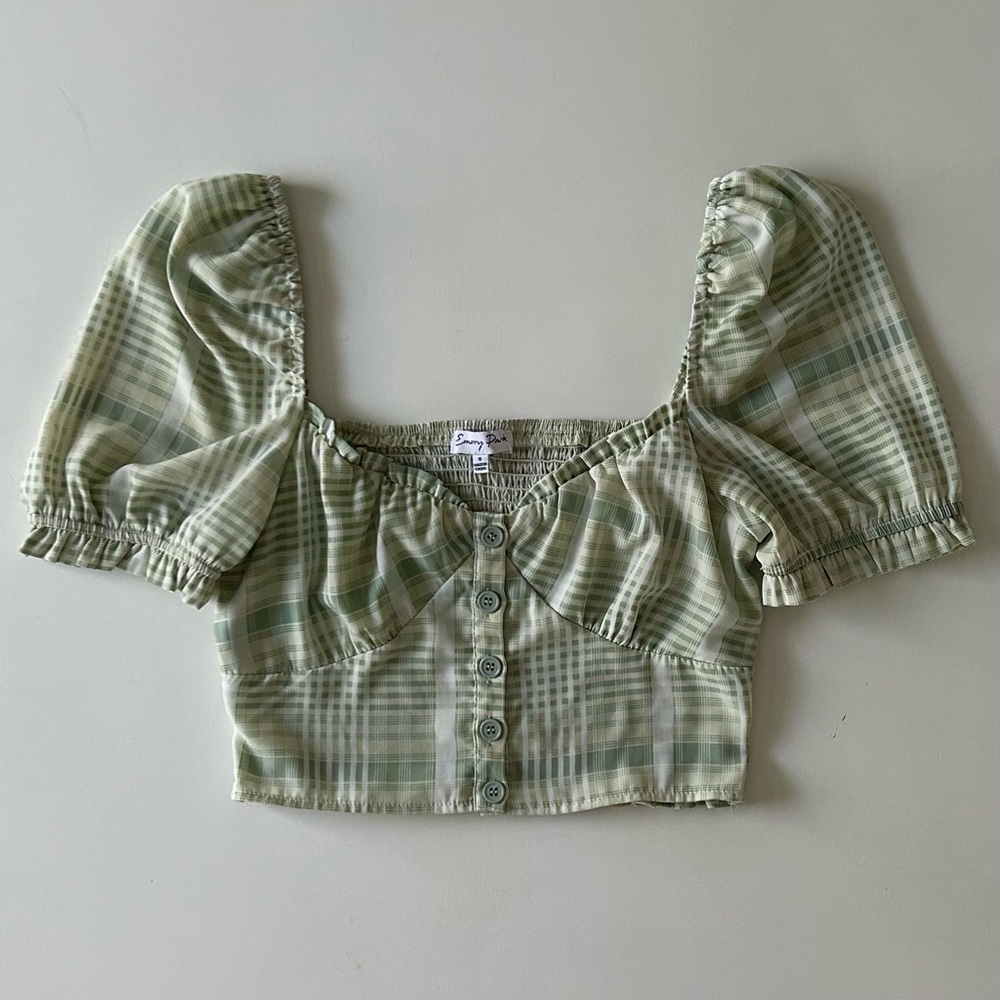 Emory Park Green Plaid Puff Sleeve Crop Smocked Back Fall/Winter Trendy Size S